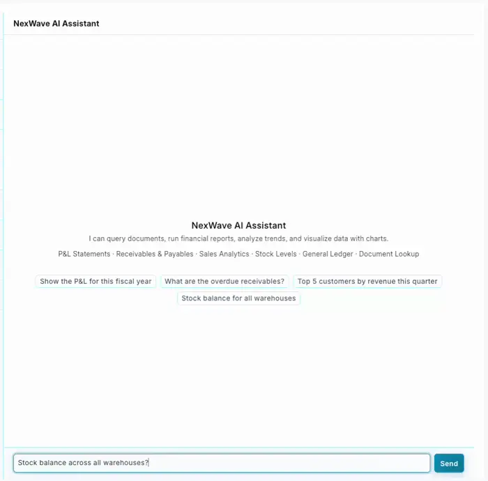 NexWave AI showing stock balance across warehouses