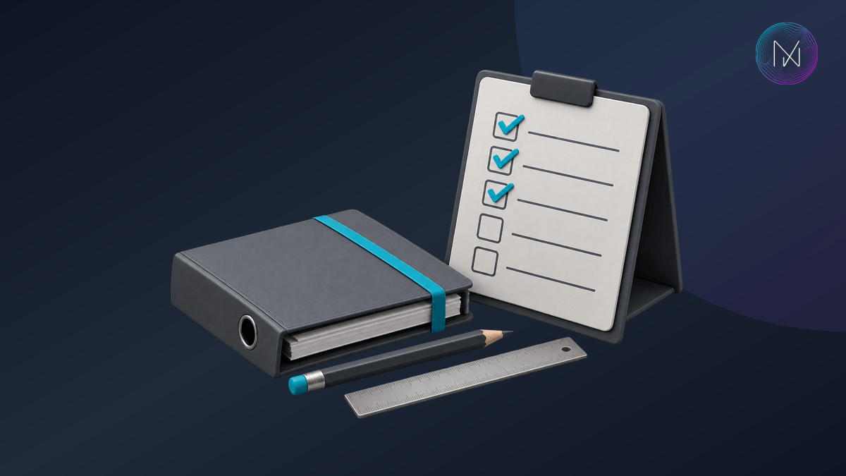 An organised implementation workbench with a checklist board and completed planning steps