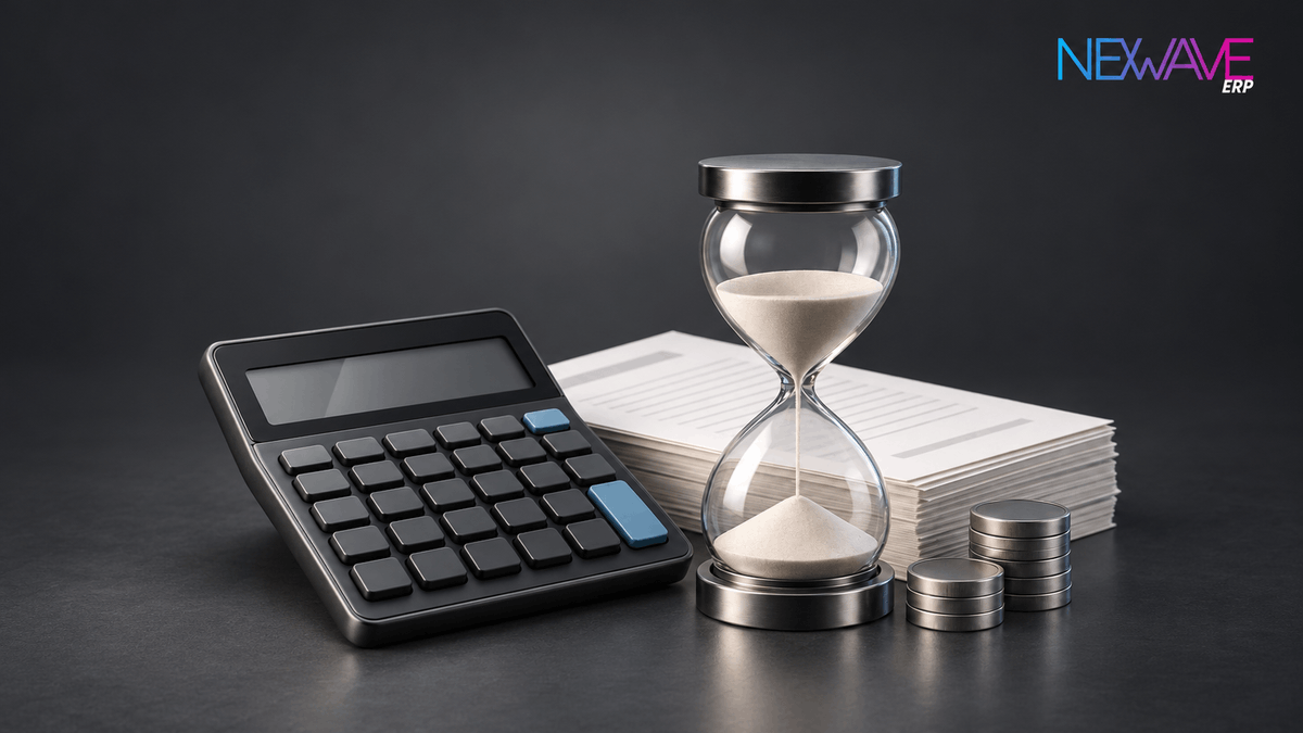 A business calculator, glass hourglass, planning papers and coins on a dark background