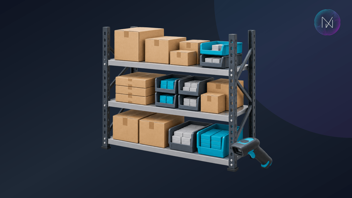 Warehouse stock organised in storage racks beside a handheld scanner