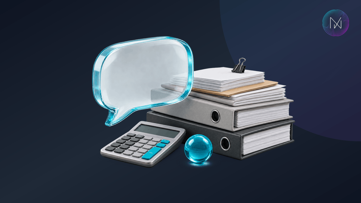 A speech bubble beside business records and a calculator
