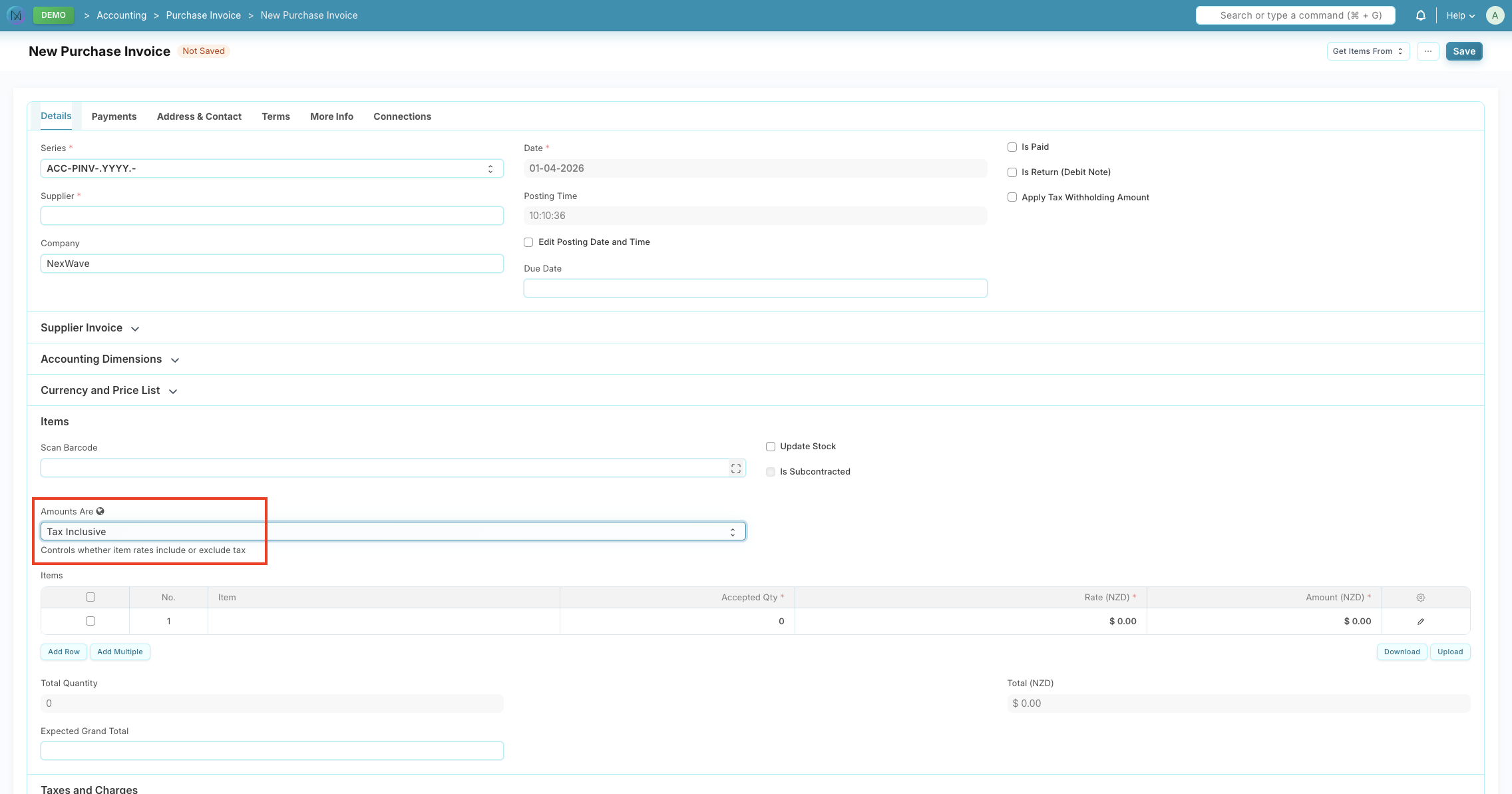 NexWave Purchase Invoice form with the Amounts Are field highlighted and set to Tax Inclusive, above the item rate and amount columns