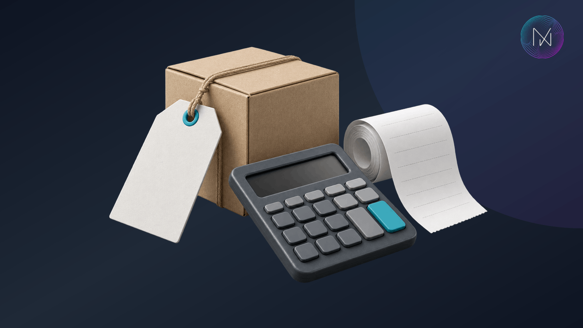 A price tag, calculator and neatly arranged sales receipt