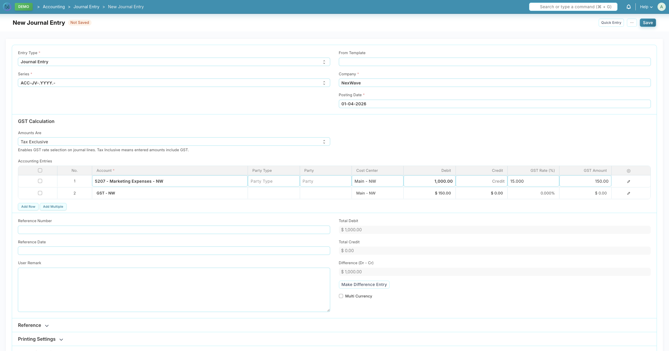 NexWave Journal Entry form showing the GST Calculation section with per-line GST Rate (%) and GST Amount columns. A Marketing Expenses line at $1,000 has GST Rate 15% and GST Amount $150 automatically populated