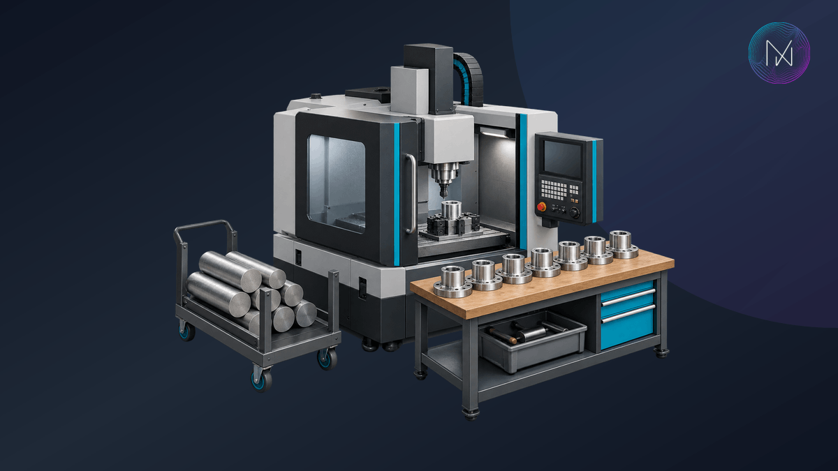 A compact factory workcell with a machine, workbench and orderly production materials