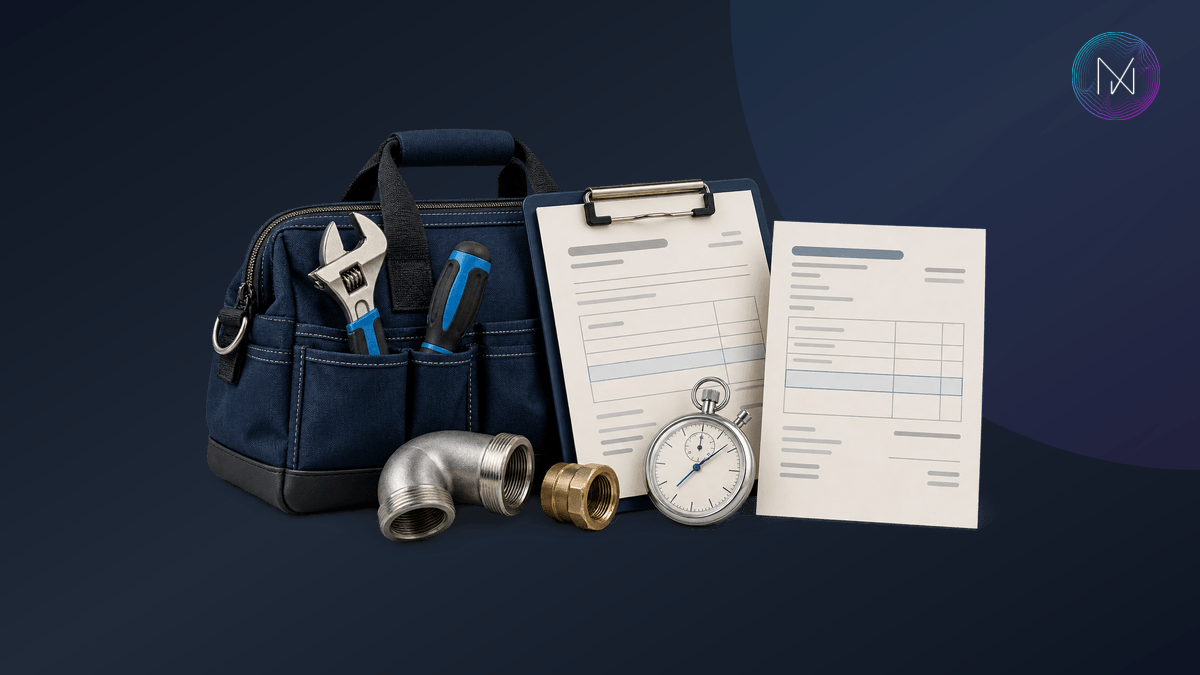 A service tool bag, spare parts, stopwatch and job paperwork beside an invoice sheet