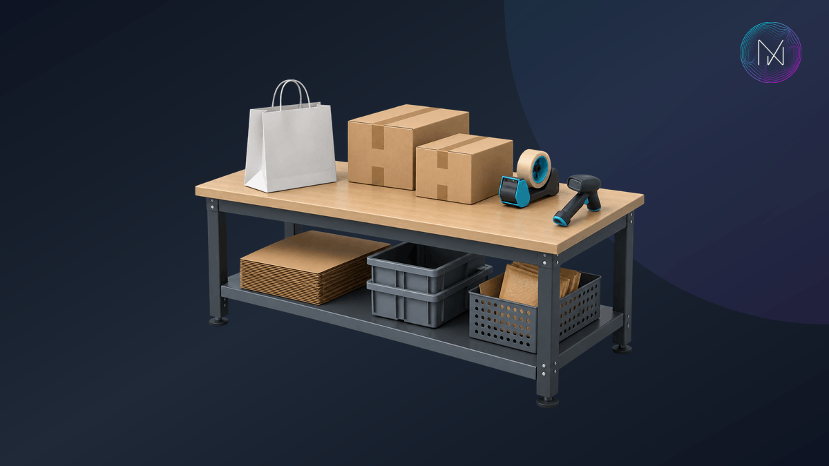 A warehouse packing station with parcels and a retail shopping bag