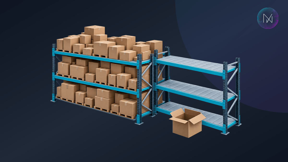Warehouse shelves crowded with cartons beside empty shelves and an open dispatch box