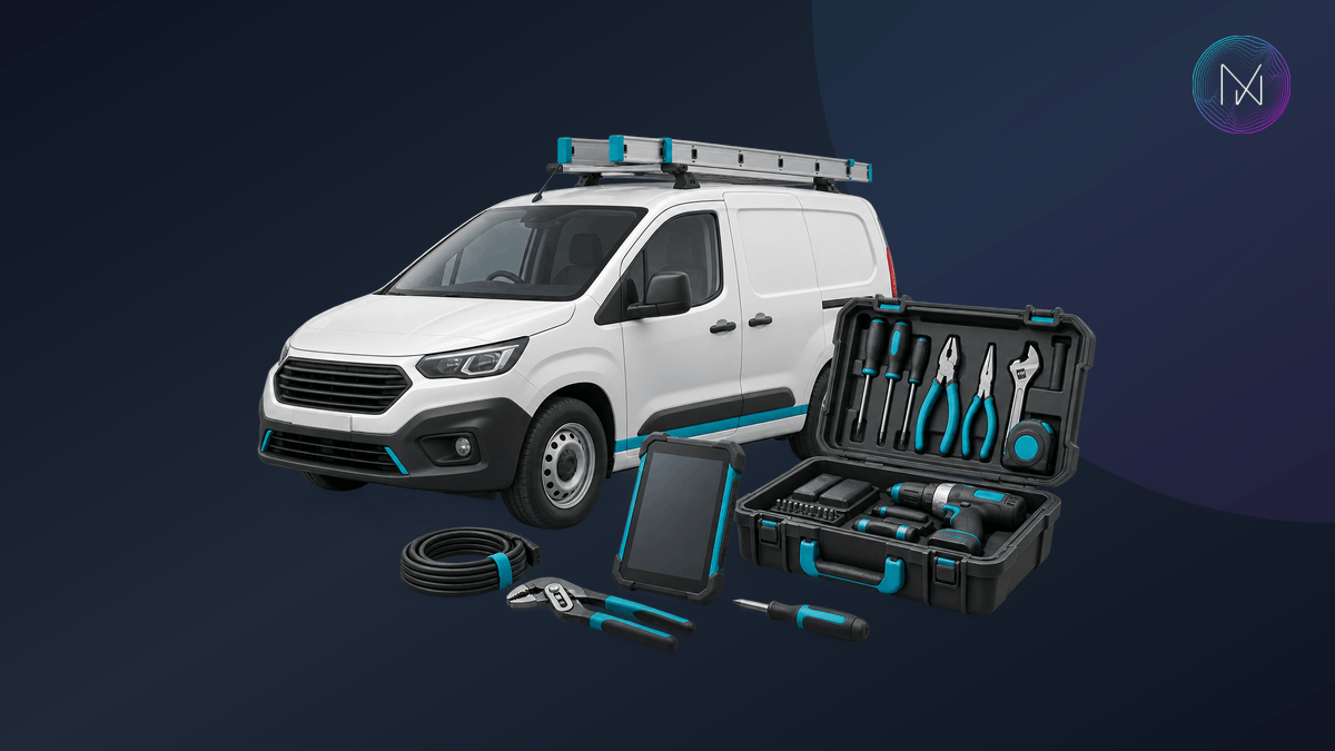 A field service van beside a technician tool case and a handheld device